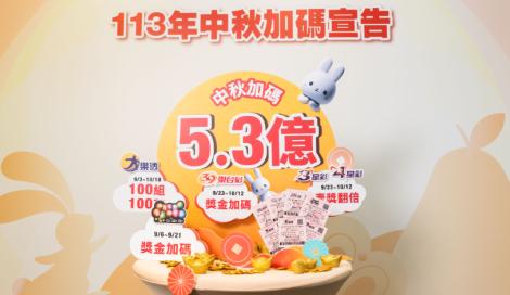 總獎金5.3億！台彩中秋加碼　大樂透加開100組100萬元